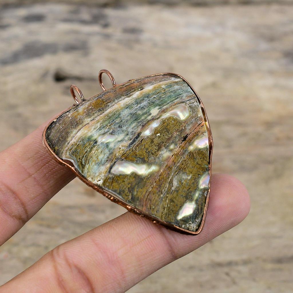 Abalone Shell Rough Pendant Electroformed Copper Gemstone Pendant Handmade Jewelry Aquamarine Rough Pendant Electroformed Jewelry For Gifts