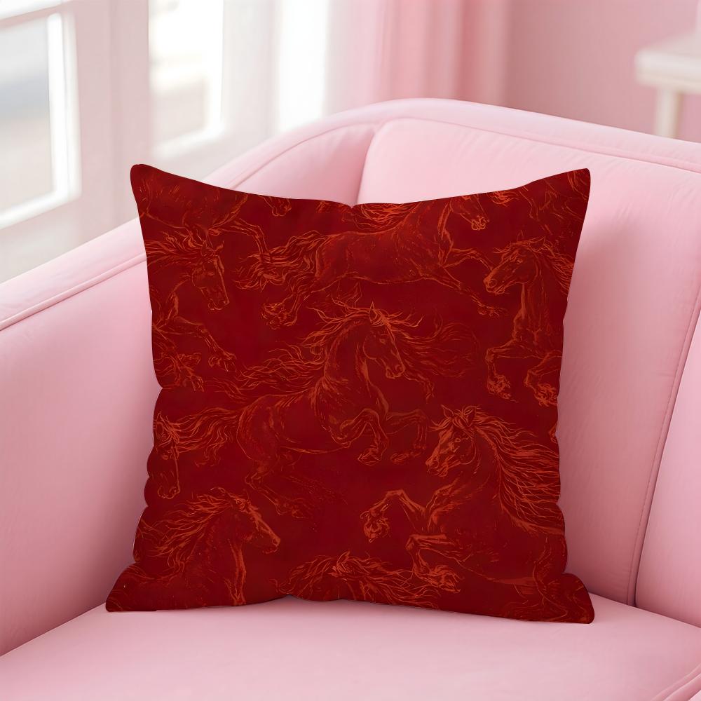 Lucky Chinese New Year red horse art  Cushion Cover Pillowcase Short Plush Invisible zipper Room Sofa Cushion Cover