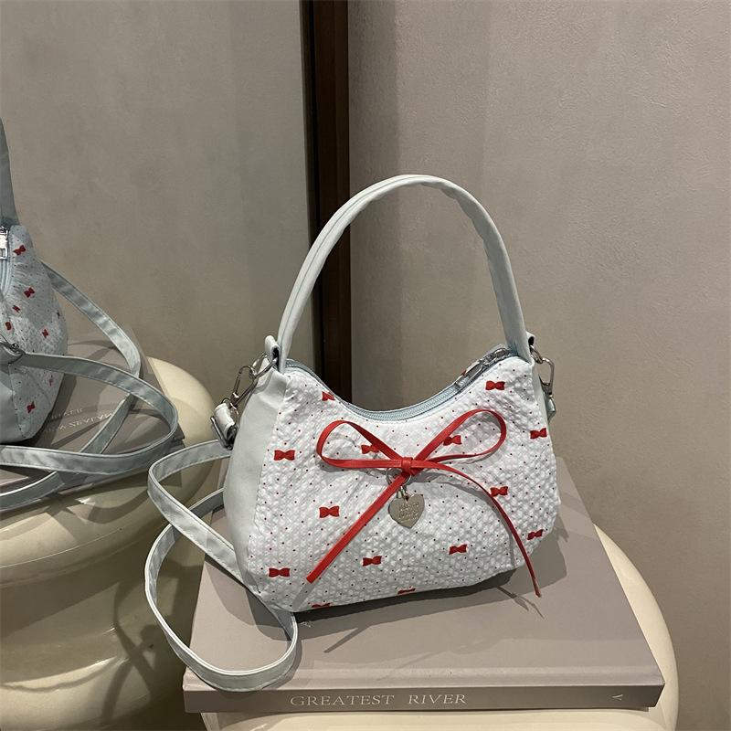 Cute Bowknot Print Shoulder Bag With Plush Pendant Crossbody Bag Handbag Girly Tote Commuter Bag Women Underarm Bag Gift