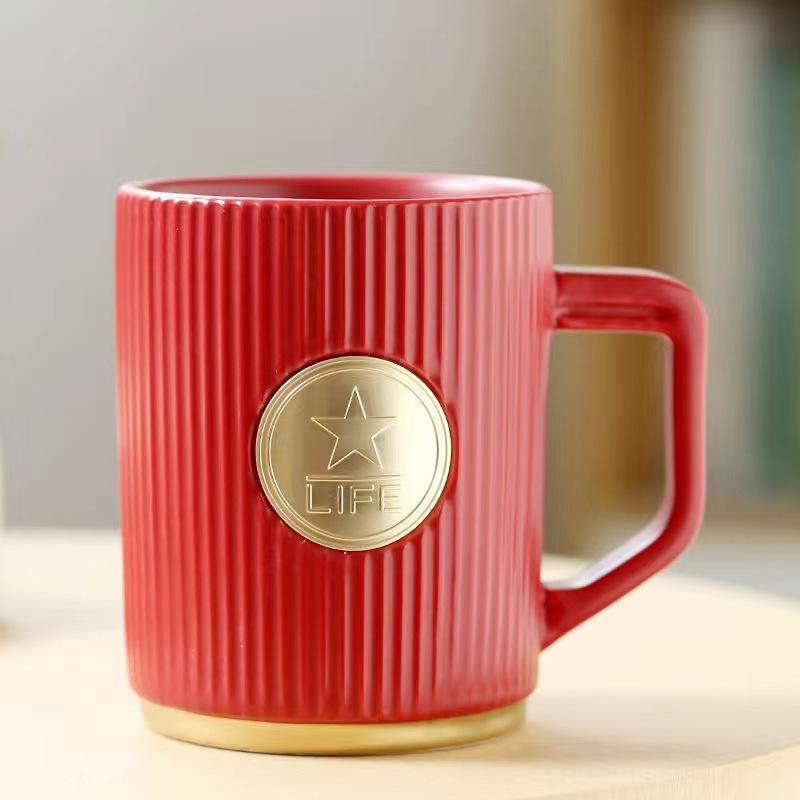 Xingba Style Coffee Cup Dark Green Striped Copper Seal Matte Red Black And White Ceramic Cup Water Cup Can Be Determined
