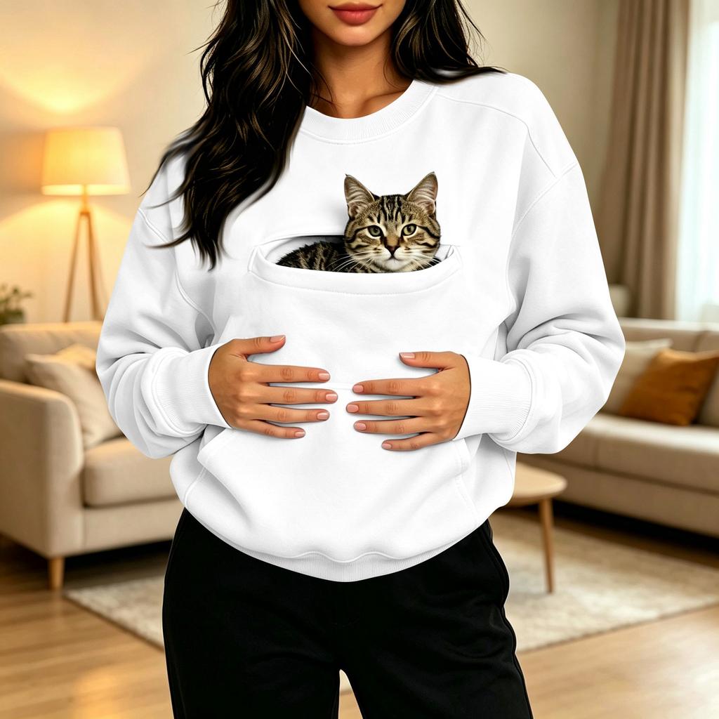 Damen Freizeit Langarm Sweatshirt mit Haustier-Tasche - Modischer Pullover für den täglichen Gebrauch