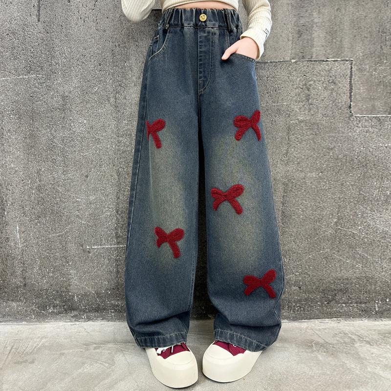 

Весенние и осенние детские джинсы прямого кроя с вышивкой бантом, повседневные, для подростков, готические, с широкими штанинами, Y2K, джинсовые брюки, детские уличные джинсы 170 чёрный