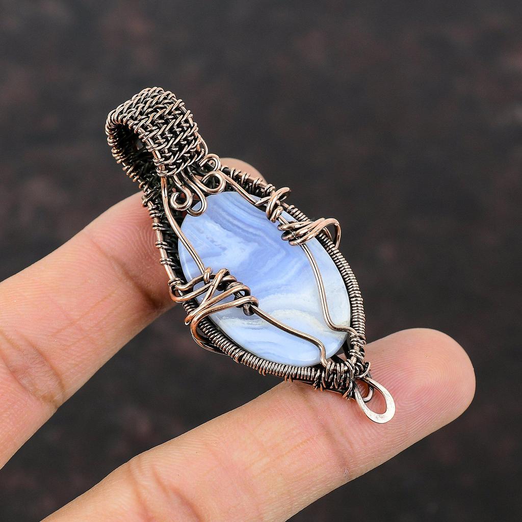 Blue Lace Agate Pendant Copper Wire Wrapped Pendant Handmade Copper Jewelry Gemstone Pendant Gift For Mom Wire Wrap Jewelry Designer Pendant