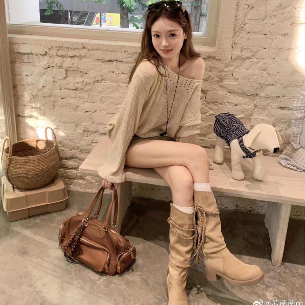 Su Yinyin Same Shoes~ Woven Tassel Thick Heel High Boots 2025 New Western Cowboy Boots Stacking Boots