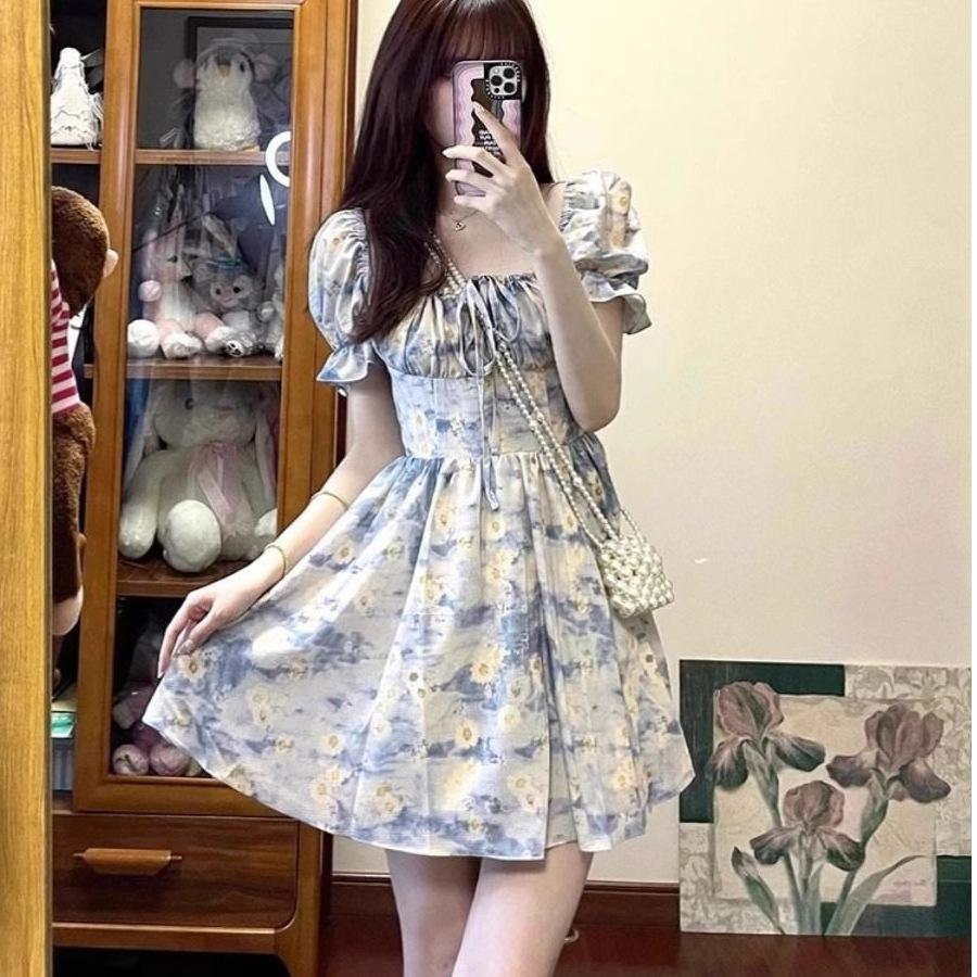 Large Size French Student Coffee Break Floral Dress Women's New Summer Skirt Fat Mm Belly and Thin A-word Short Skirt