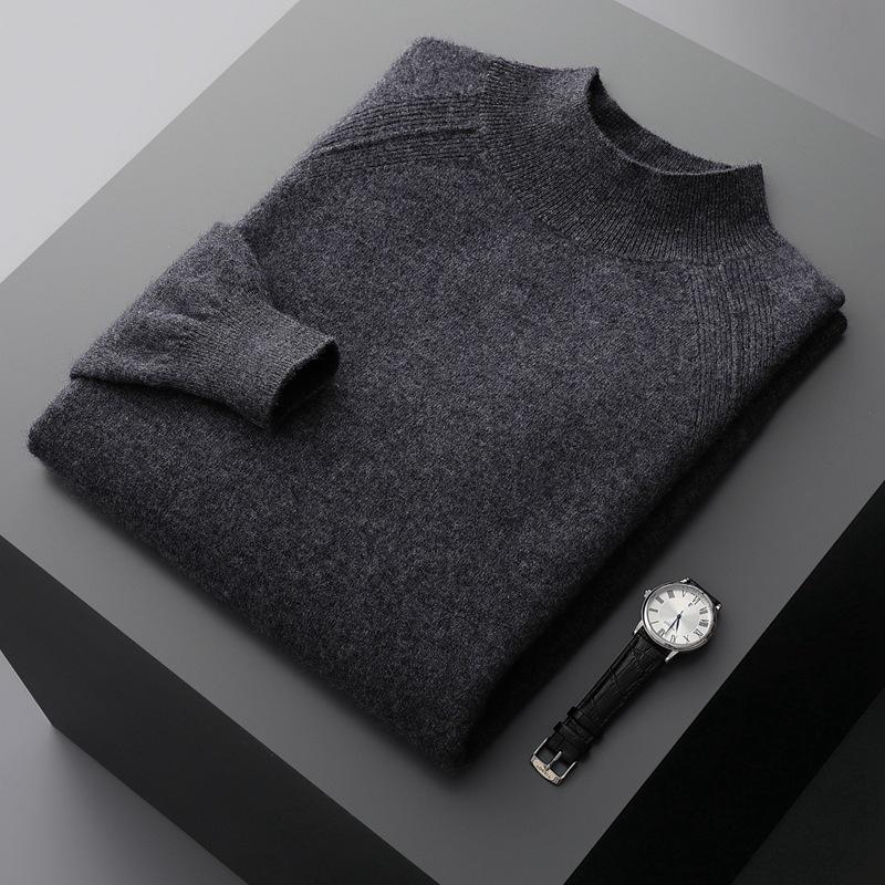 Men's Solid Color Cashmere Raglan Sleeve Sweater - Fall/Winter Half-High Neck, Versatile and Pure.