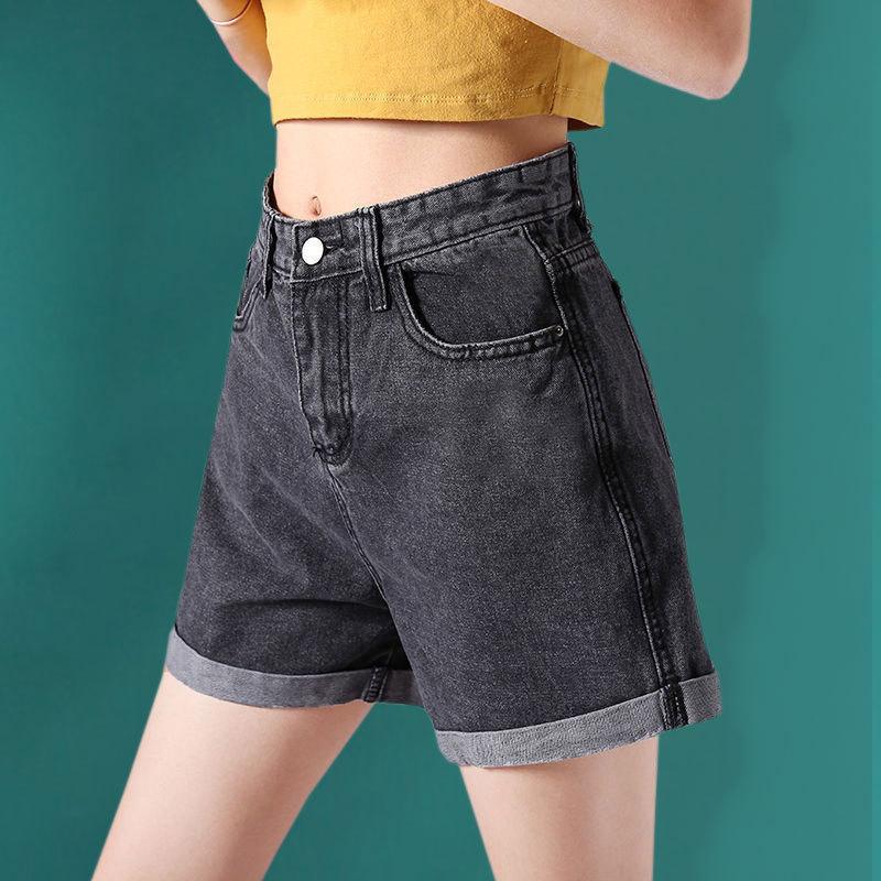 Rolled Denim Shorts Women's Fashion A-line High Waist Casual Loose Wide Leg Shorts