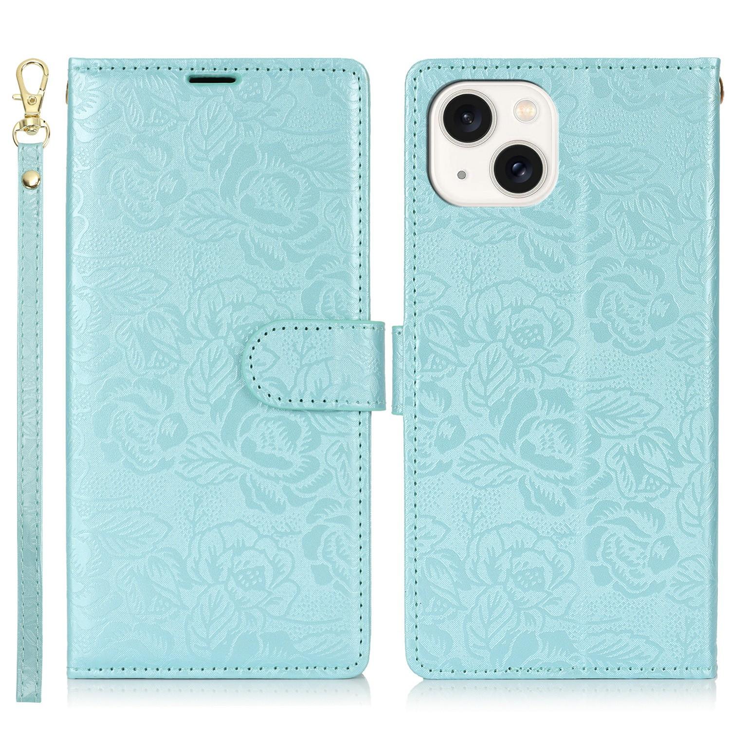 

For iPhone 15 Plus/14 Plus Case with Hand Strap Flower Imprint Leather Wallet Phone Cover Blue