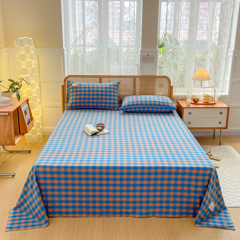 3Pcs 100% Cotton Simple Plaid Pattern Bed Sheet Set Skin-friendly Comfortable Geometric Printed Flat Sheet with Pillowcases