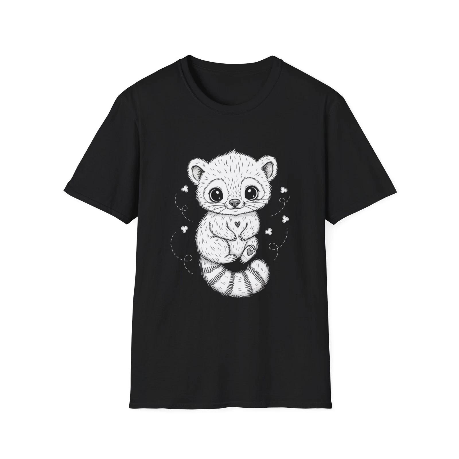 Cute Raccoon Kawaii Hand-Drawn Black Tee Aesthetic Graphic T-Shirt S