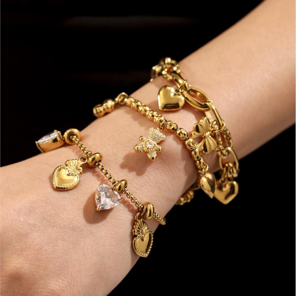 Heart Bear Charms Bracelet In Stainless Steel 18k Gold Plated Waterproof Non Tarnish Chain Bracelets With Pendants For Women