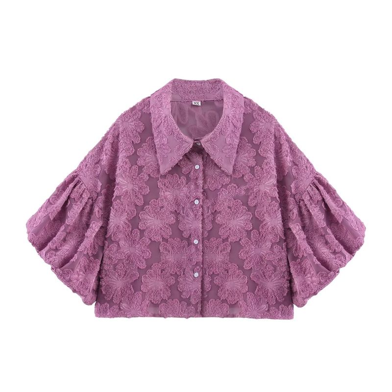 

Kaslead New Arrival Women s Clothing Fashion Style Fashion Elegant Texture Cut Flower Lapel Puff Sleeve Shirt Purple pink L