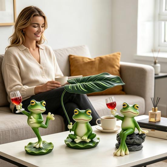 Wetterfeste Outdoor-Tierkunst Lustige Frosch Harzfigur, Neuheit Sitzende Tanzende Skulptur mit Dekorativen Handarbeiten für Terrasse Lotusblatt/Wein