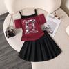 Modisches Outfit für Mädchen - Sommer Kinder Retro Figurbetontes Neckholder-Top Kurzarm-T-Shirt Faltenrock Set