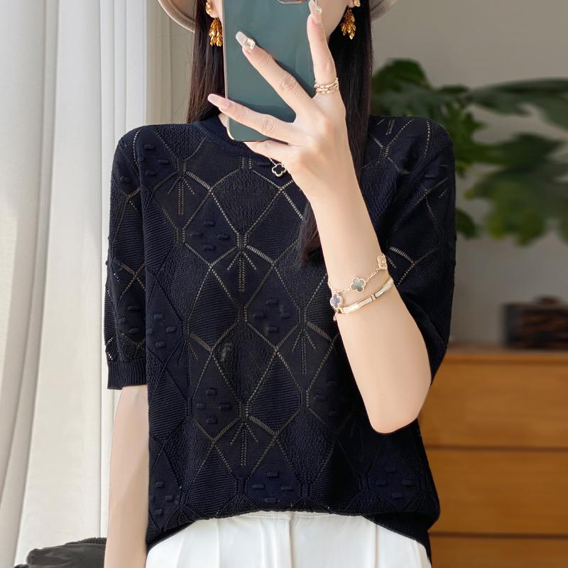 Women Knit T-shirt Summer Knitted Shirt Short Sleeve Tees O-neck Pullover Knit Tops Female