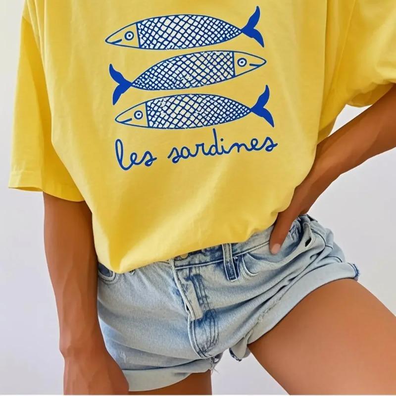 New Sardine Printed Womens Tshirt Canned Fish Casual Shirt Tomato Girls Coastal Summer Girls Fashion Casual Cotton Tshirt