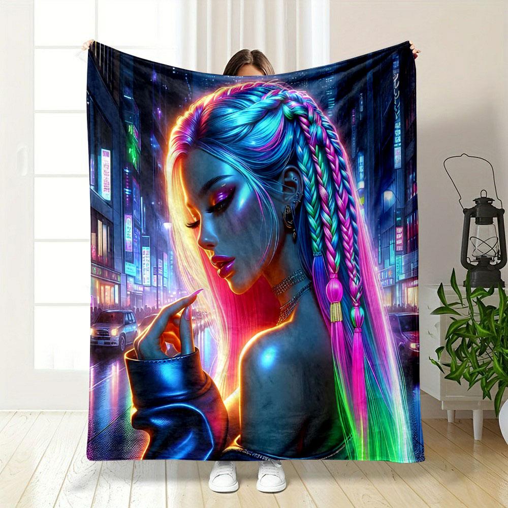 Neon Cyberpunk Styled Woman print blanket soft and cozy perfect for the living room bed sofa or a nap,gift