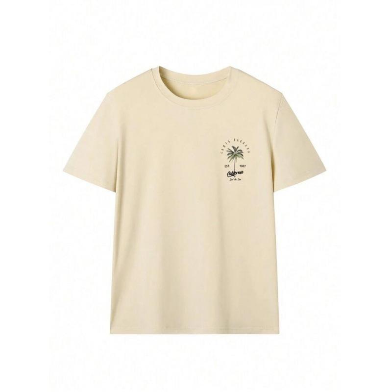 Women's Coconut Tree & Letter Print Drop Shoulder Sleeve Tee- Fashion Short Sleeve Top