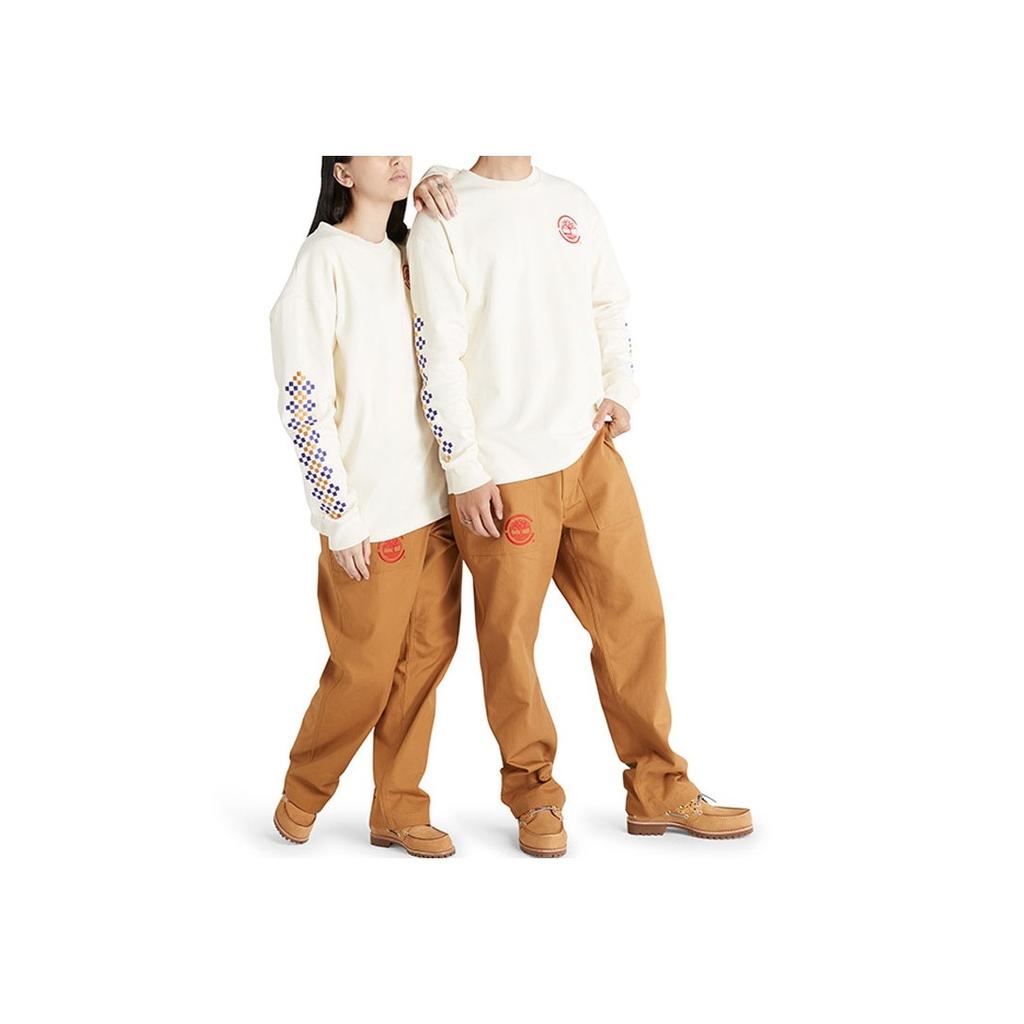 Timberland X CLOT Collaboration Casual Sports Embroidered Printed Geometric Pattern Crew Neck Long Sleeve T-Shirt Unisex Tops White A63MD-V04