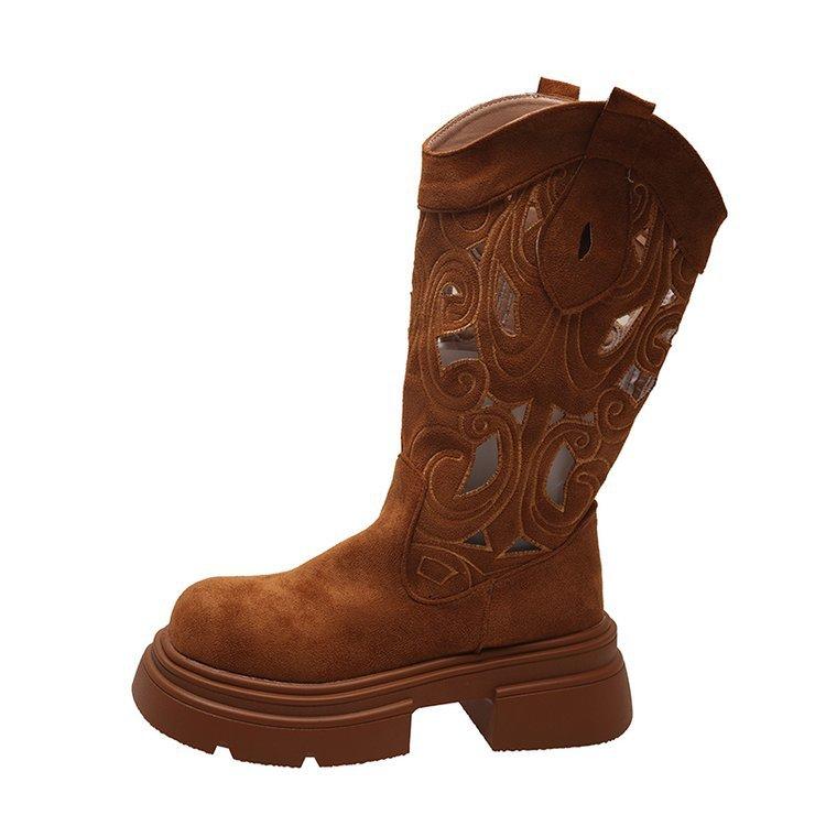 

[youshilai] 2025 осень новые ретро западные ковбойские маленькие короткие сапоги полые дышащие увеличивающие рост женские сапоги 40