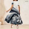 Women Plus Size Round Neck Short Sleeve Rhinestone Printed A Line Long Dress