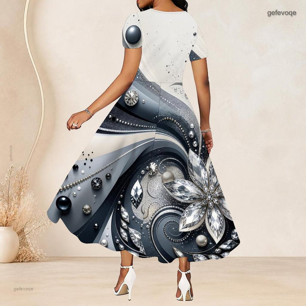 Women Plus Size Round Neck Short Sleeve Rhinestone Printed A Line Long Dress