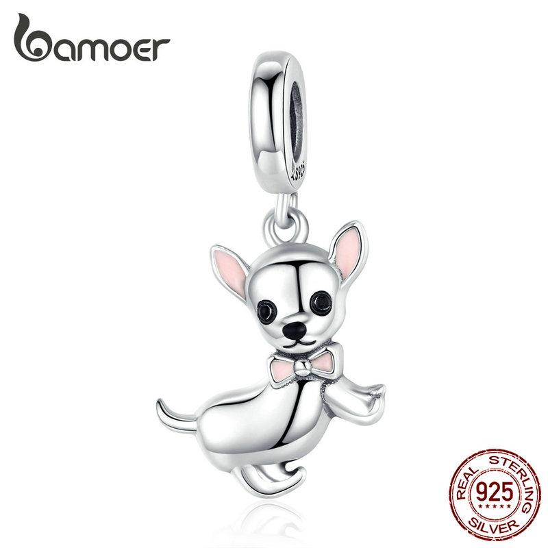 Bamoer Cute Pet Chihuahua Dog Pendant Charm Silver 925 Original Pink Enamel Ear Fashion Jewelry Gifts Girl Accessories SCC1317