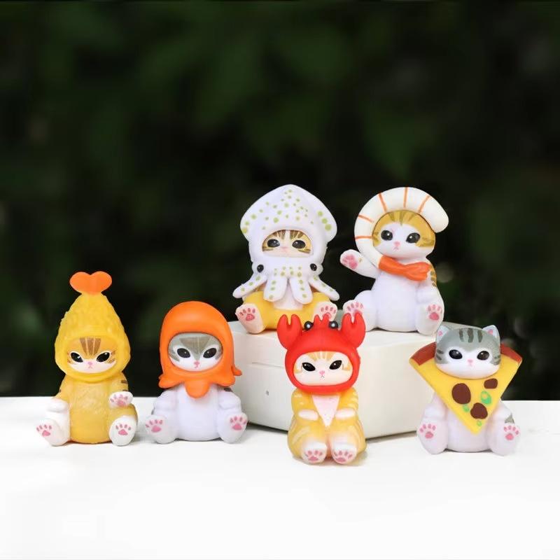 6 Stück Kawaii Mofusand Haifischkatze Mini-Figur Tempura-Garnelen Oktopus Tintenfisch Garnele Krabbe Pizza Modell Auto Armaturenbrett Schreibtisch Dekor Geschenk