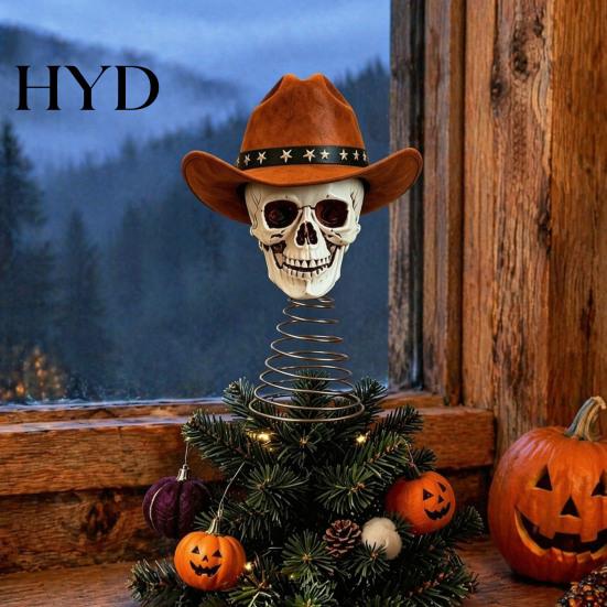 Creative Holiday Tree Topper Gothic Skull with Cowboy Hat, Vintage Western Christmas Skeleton Ornament for Halloween, Spooky Top Decoration Decorative
