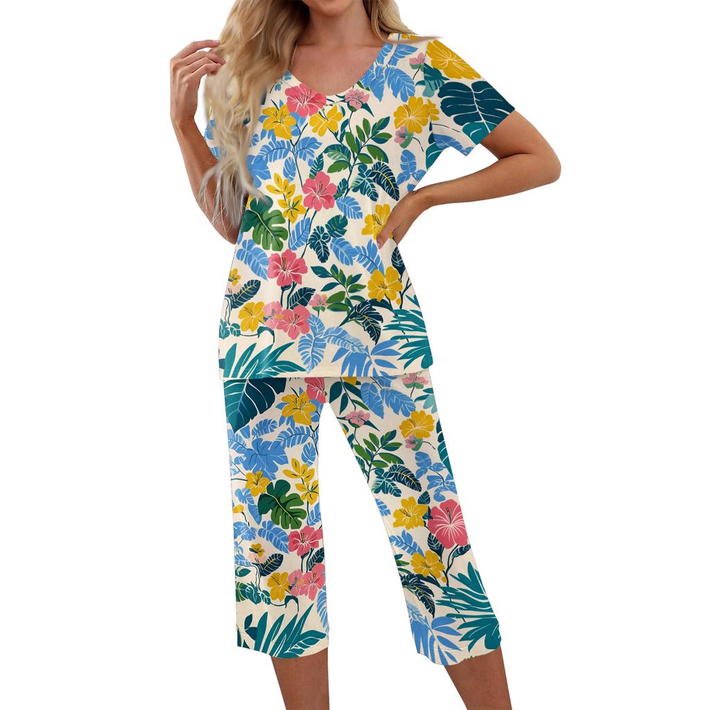 2 Piece Sets For Women Short Sleeve Top And Pants With Pockets Workout Soft Print Sets