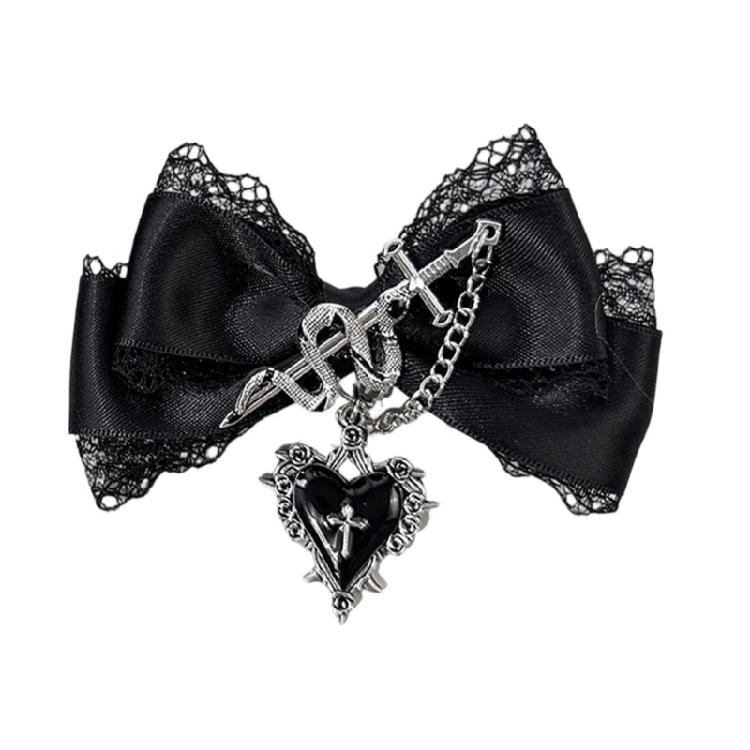 Fermaglio per capelli con design a catena a forma di cuore e fiocco, Barretta in pizzo punk per donna/ragazza, per abbigliamento casual e formale, Accessorio per capelli anime, 2 Pezzi