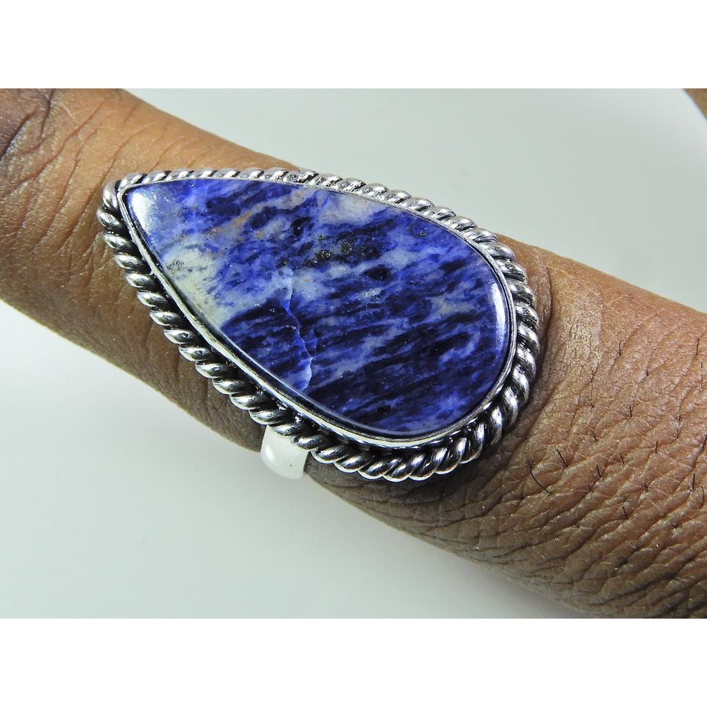 Natural Blue Sodalite 925 Solid Sterling Silver Ring Size US-9 PG-130