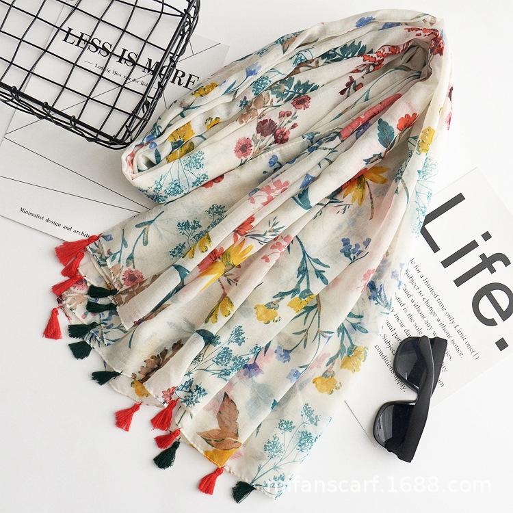 Beige Coffee Scarf Luxury Thin Womens Scarves Spring Floral Hijab Veils Soft Cotton Shawl Wrap Tassel Viscose Muslim Woman Hijab