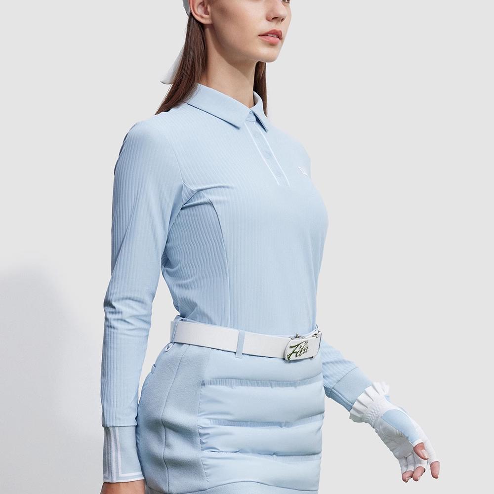 FILA Official 2023 Winter New Knit Long Sleeve Polo Shirt Simple Golf Sports Top Women tops Sky-Blue A11W345211F-LB