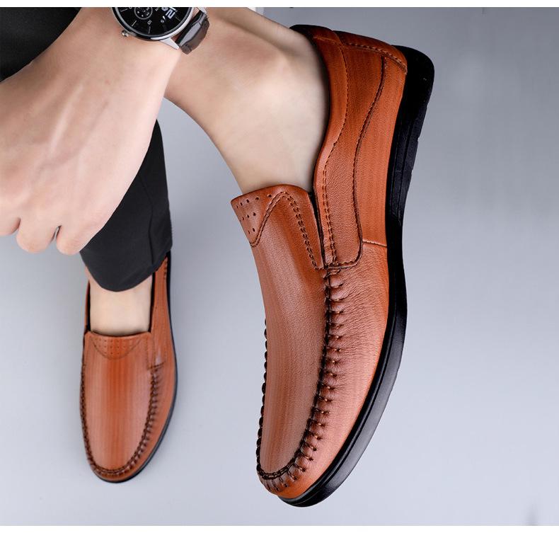 Men's Cross-Season Leather Shoes: Breathable Top Layer Cowhide, Perforated Casual Design for Middle-Aged Men, Available in Large Sizes