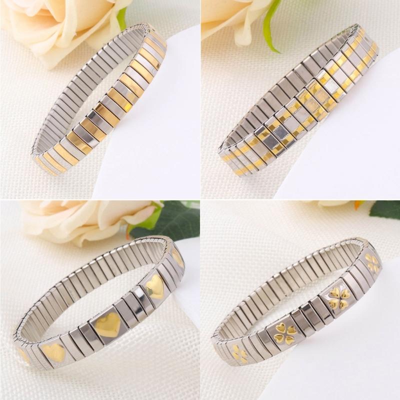 Jewelry Stainless Steel Stretch Bracelet for Women, Flexible Wide Wristband Bangle Bracelets Decorated Golden Pattern