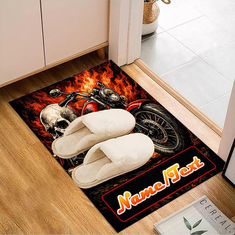 1PC Custom Name Skull Motorcycle Flames Theme Floor Mat Ideal for Living Room, Game Rooms, Office, Bedroom,Floor Mat Playful Design