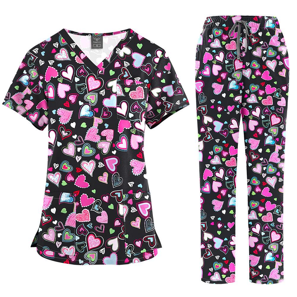 Flerfärgade Joggingdräkter Läkare Sjuksköterskeuniformer Kortärmade V-ringade Toppar Fickbyxor Sjuksköterskeskrubbar Set Medicinska Kliniska Kläder