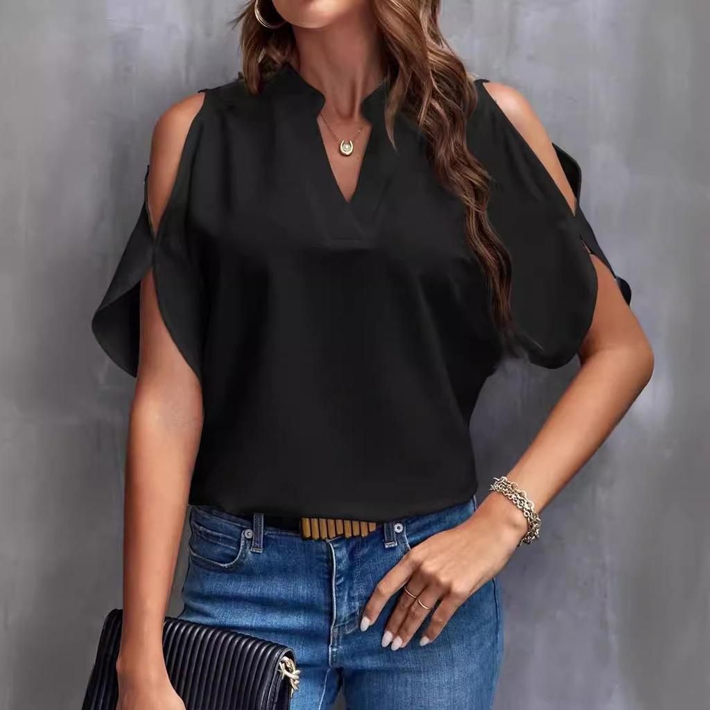 2024 European American Women's Summer Solid V-Neck Off-Shoulder Fashion Top