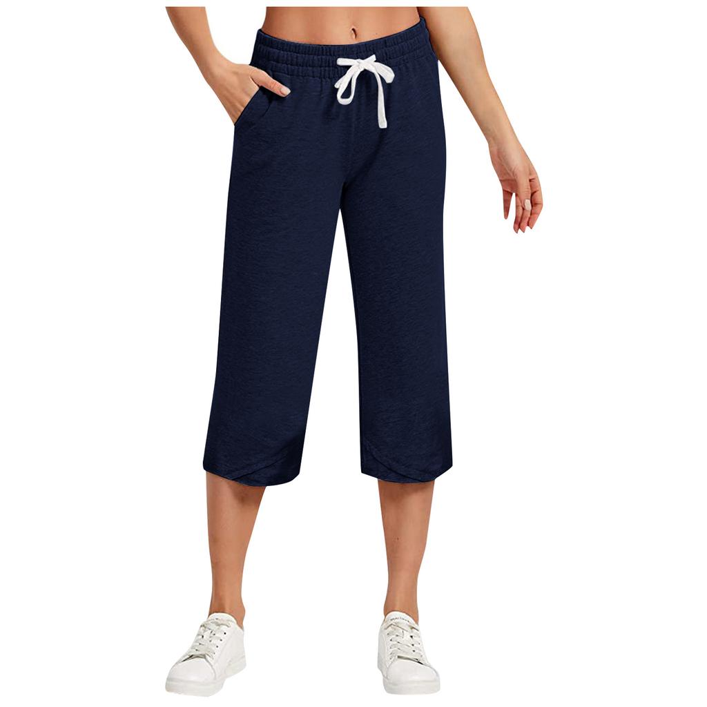 Summer Women's Wide Leg Pants Solid Irregular Pants Legs Casual Drawstring Women's Capris With Pockets