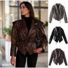 Womens Fitted PU Leather Trench Coat With Tie Waist Belt Classic Solid Color Long Sleeve Jacket Office Wear