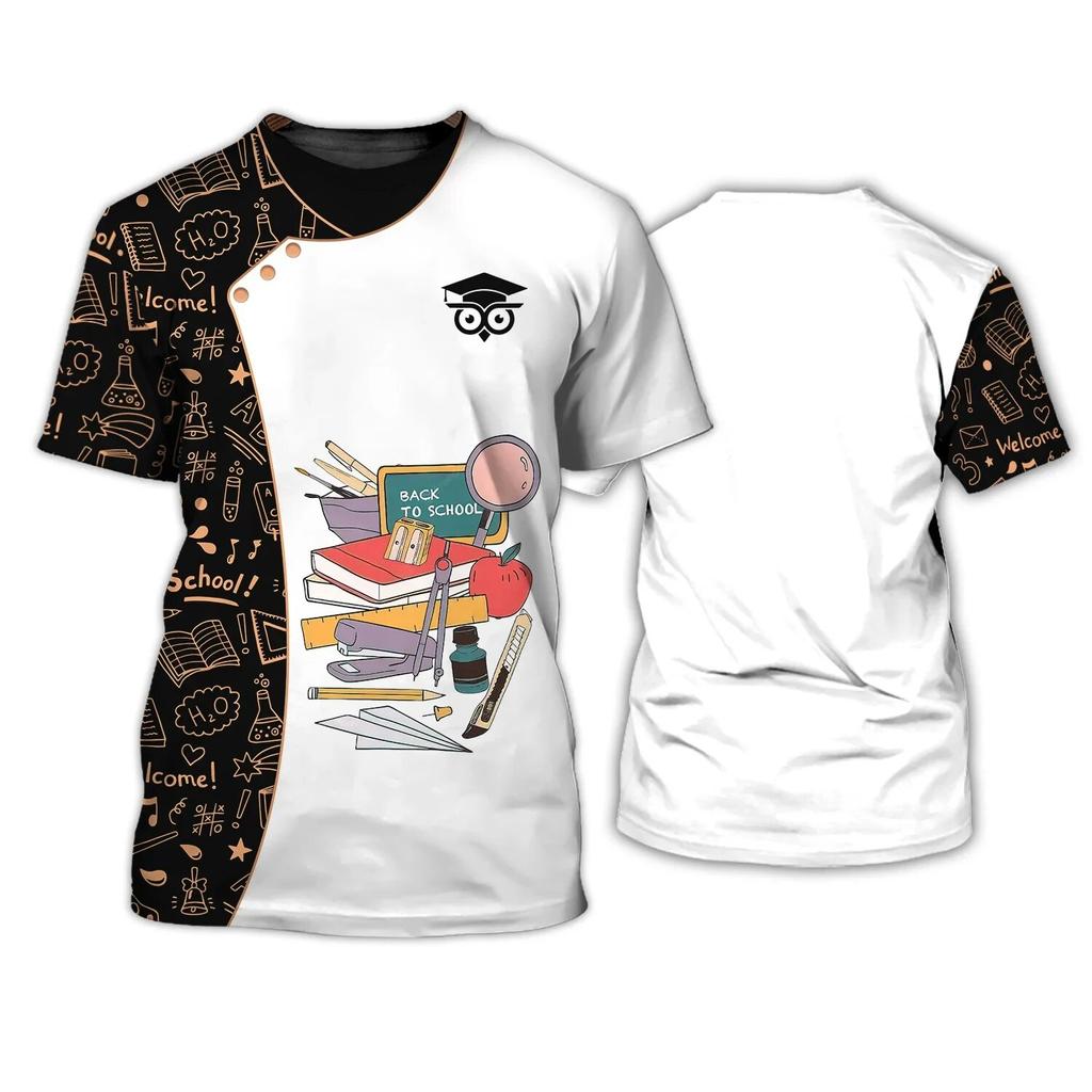 Lehrer Harajuku Uniform T-shirt Casual Oansatz Kurzarm T-shirt Brief Druck Pullover Super Große Arbeitskleidung frauen Top 2023