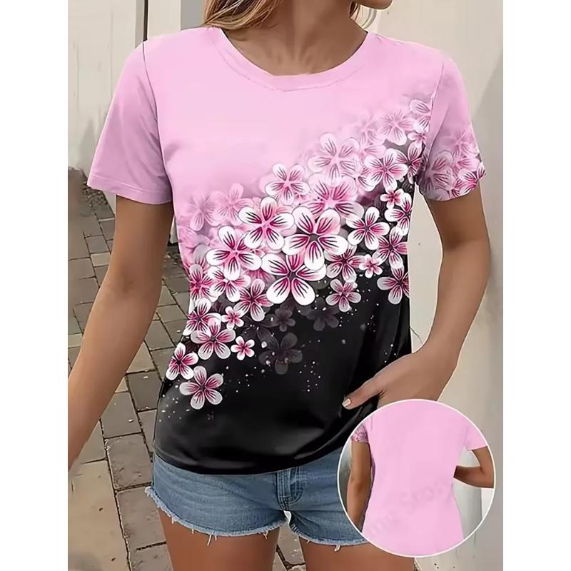 

Fashion Women s Crew Neck T-Shirt Flower Short Sleeve 3D Flower Color Printing Crew Neck Short Sleeve 6XL