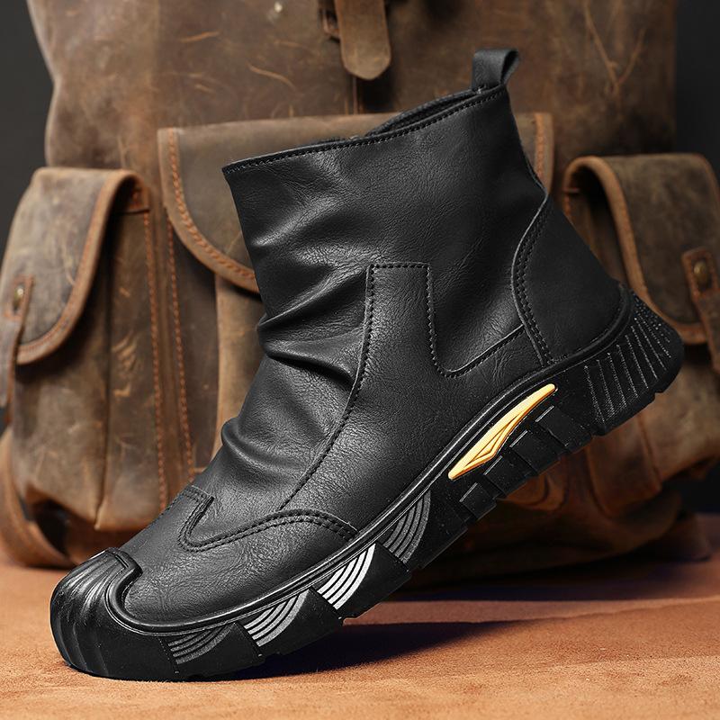 Fashion New Men's Fleece Lined High Top Boots Black Anti-Slip PU Leather Chunky Sole Comfortable Fashion Casual Winter Shoes Non-Slip