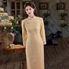Elegant Long Sleeve Qipao Dress Women Winter Vintage Chic Fit Floral Jacquard Robe