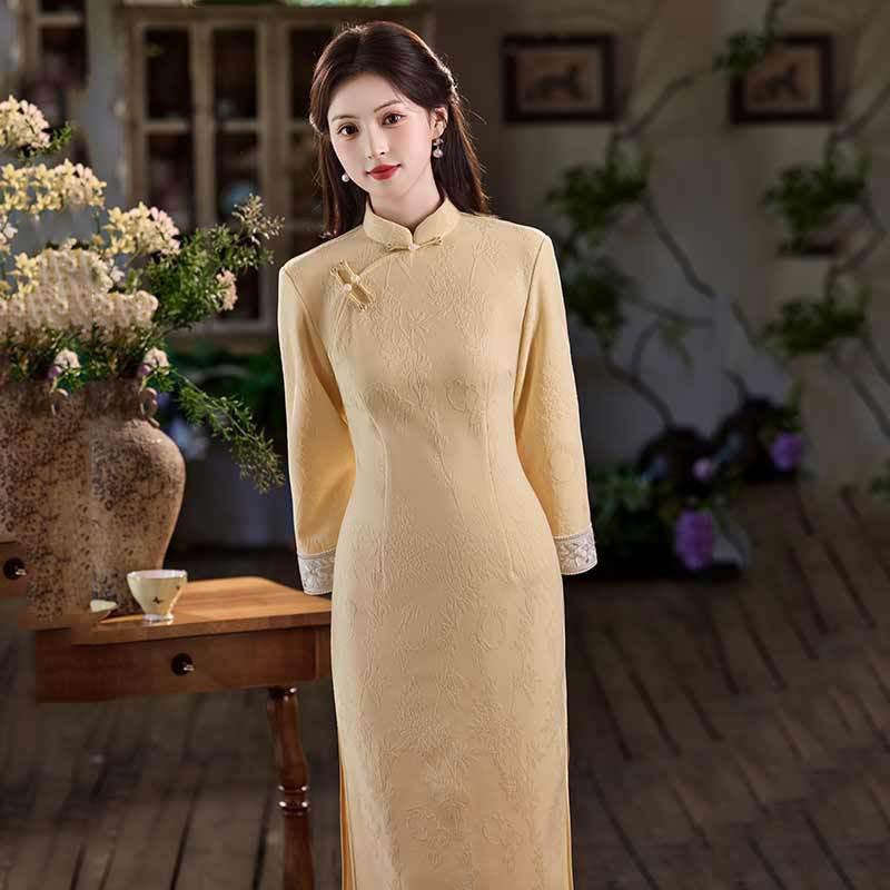 Elegant Long Sleeve Qipao Dress Women Winter Vintage Chic Fit Floral Jacquard Robe