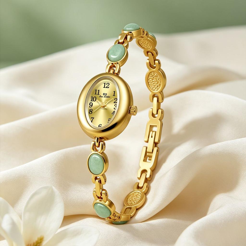 Women's Wristwatch,Jade Stone Bracelet Luxury Elegant Watch,Women's Quartz Wrist Watch With Stones,Ladies Small Gold Watch Gifts