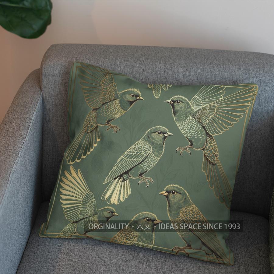2D Elegant Green Birds With Swirls Throw Pillow Pattern Cushion Cover Suitable For Sofa Bedroom Car Pillow Cover