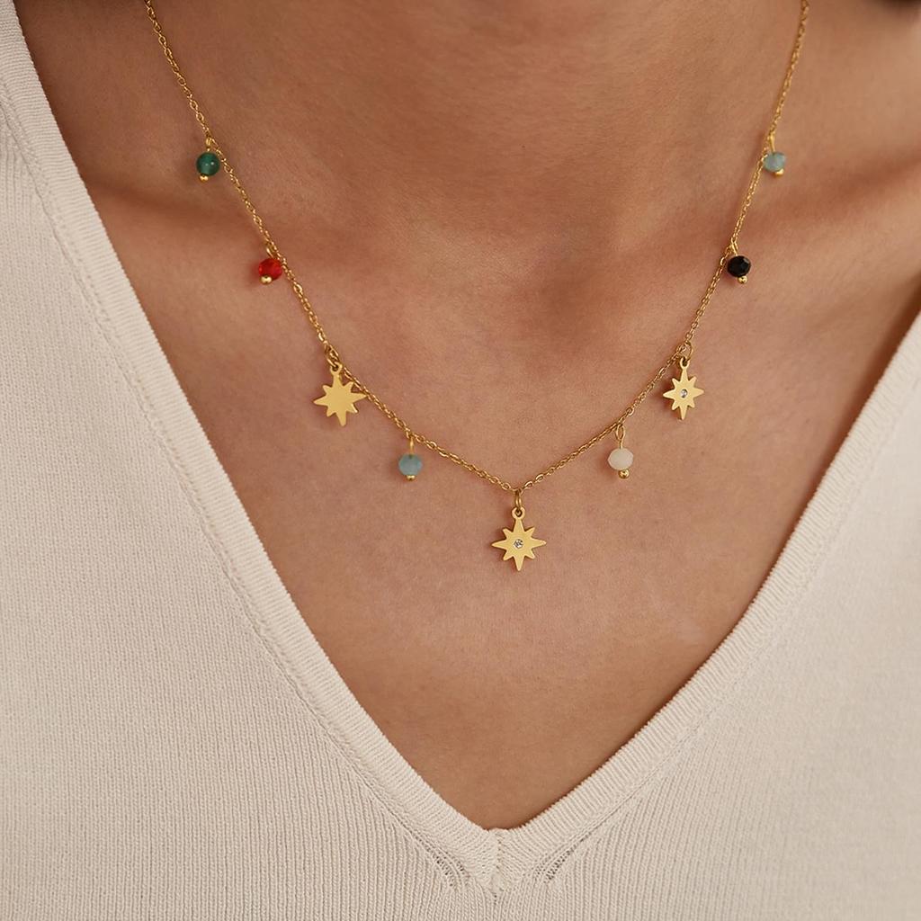 Necklace for Star Stainless Colorful with Christmas [Deelfel] Women, Charm, Gold, Steel, Beads, Zirconia, Adjustable, Gift, Birthday,