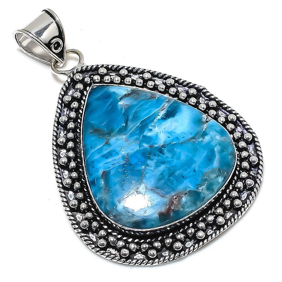 Pendentif en Pierre Précieuse Apatite Bleu Néon Naturel Argent Sterling 925 2,64" U6Y73